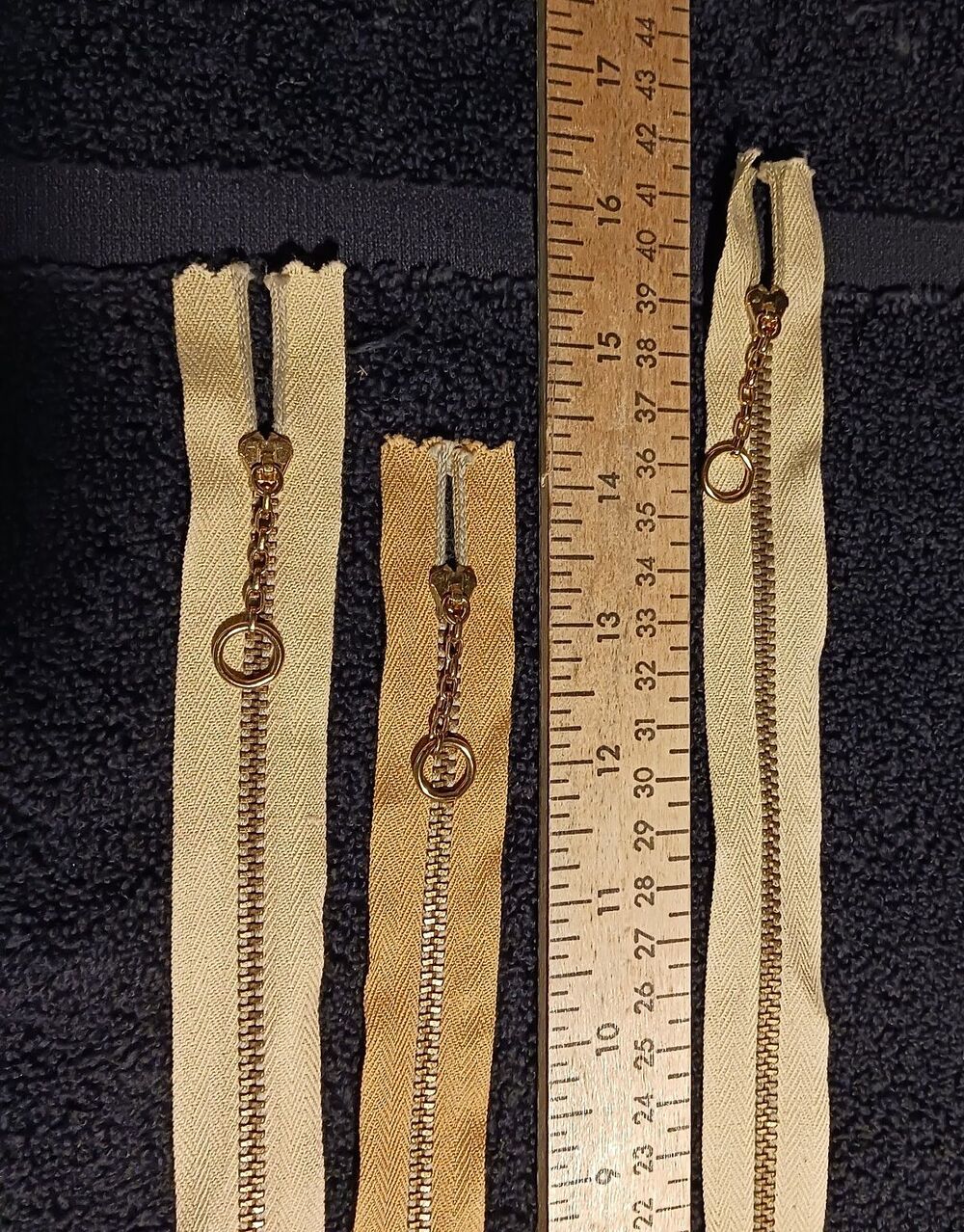3 Taylon Vintage Zippers closed bottom with Unusual Small Pull Ring Tan and Gold